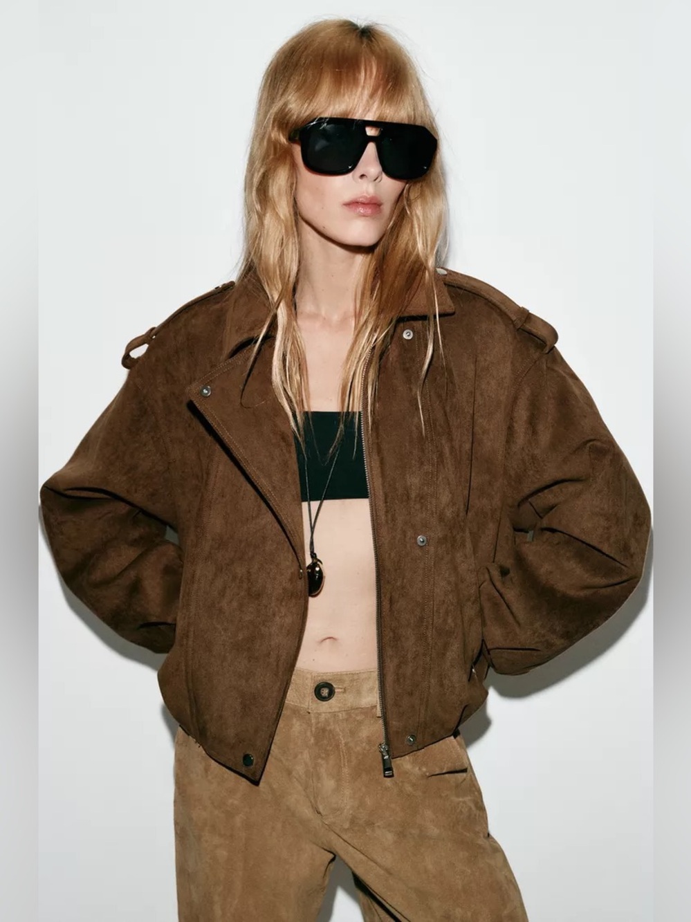 Brown faux Suede Bomber Jacket - bomber Women. POP